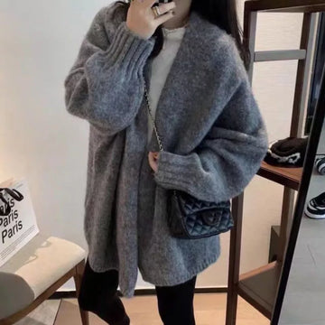 Getadme-Autumn Winter Thicken Warm Sweater Cardigan Women Japan Style Lazy Wind Soft Knit Cardigans Female Gray Khaki Loose Knitted Coat